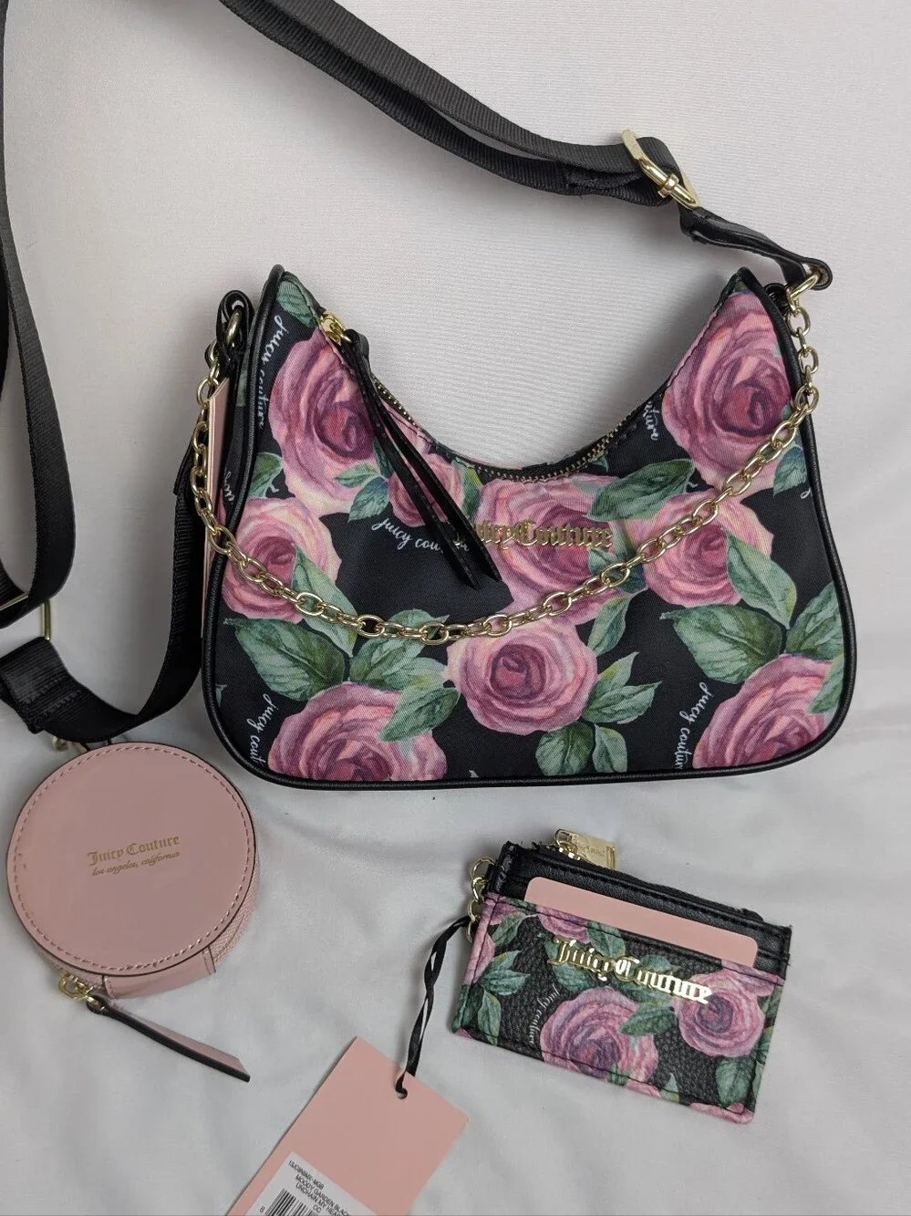 Juicy Couture 3 Piece Set Moody Garden Black Chains In Love Bag Floral Gold New